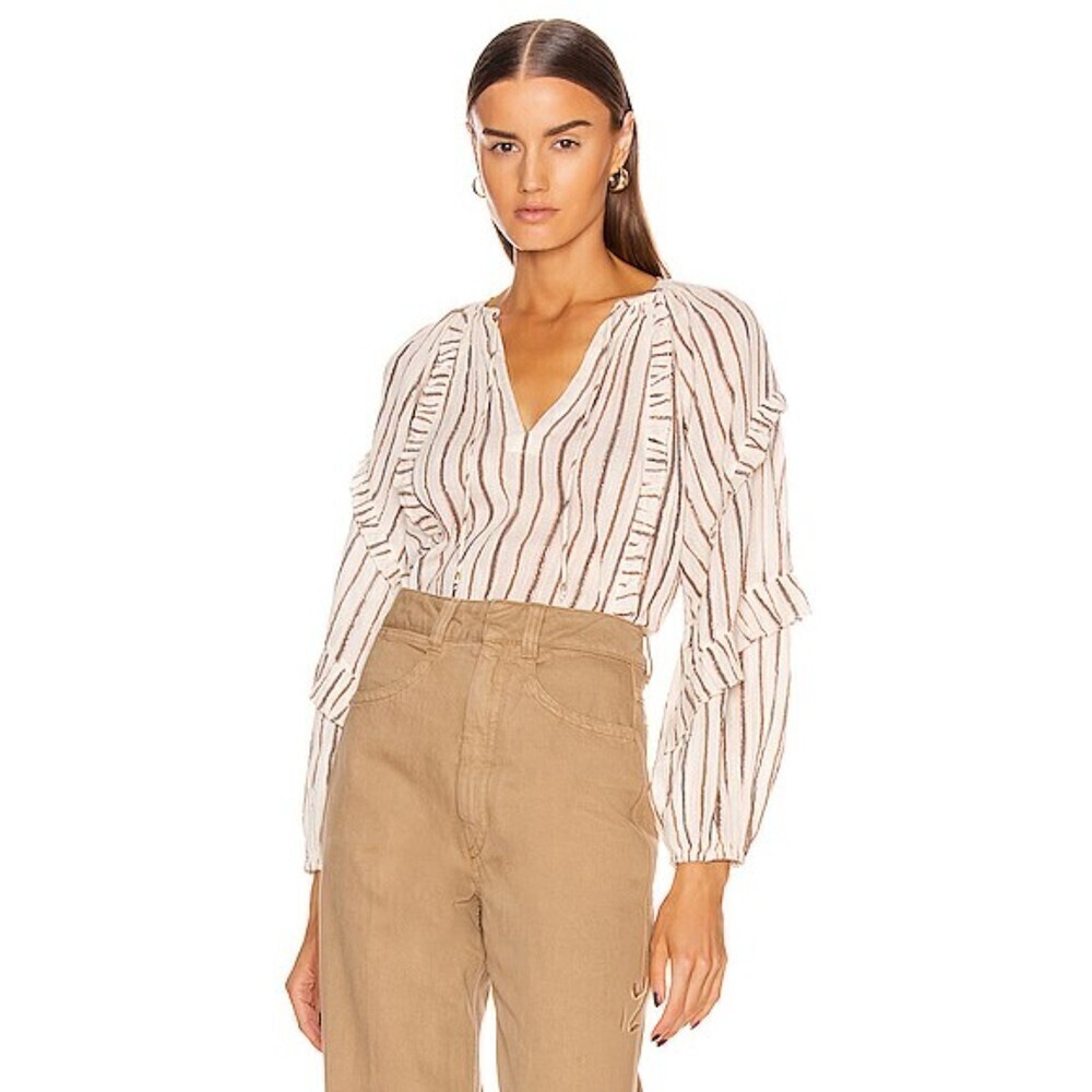ULLA JOHNSON Liana Blouse Cream Rose Gold Metallic Stripe Ruffle Boho Oversize 4